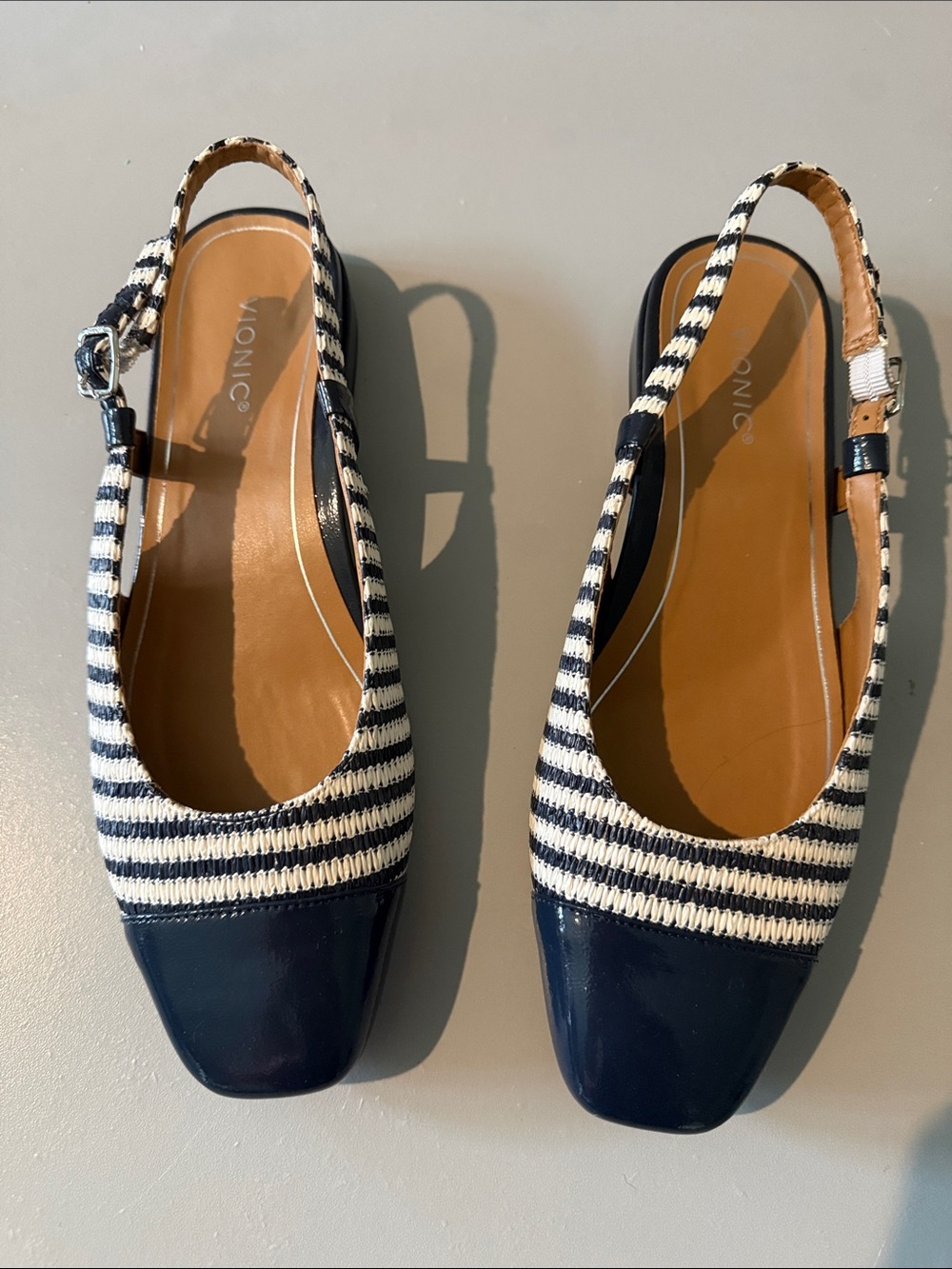 Vionic Navy and White Striped Slingback Flats with Navy Patent Toe